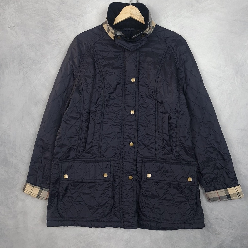 Barbour Beadnell Polarquilt Jacket Womens 12 Black Tartan Corduroy Collar